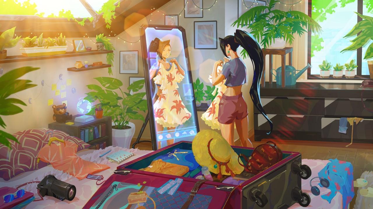 Sage stands beside a tall mirror and open suitcase in a bright room filled with plants, clothes and personal objects.