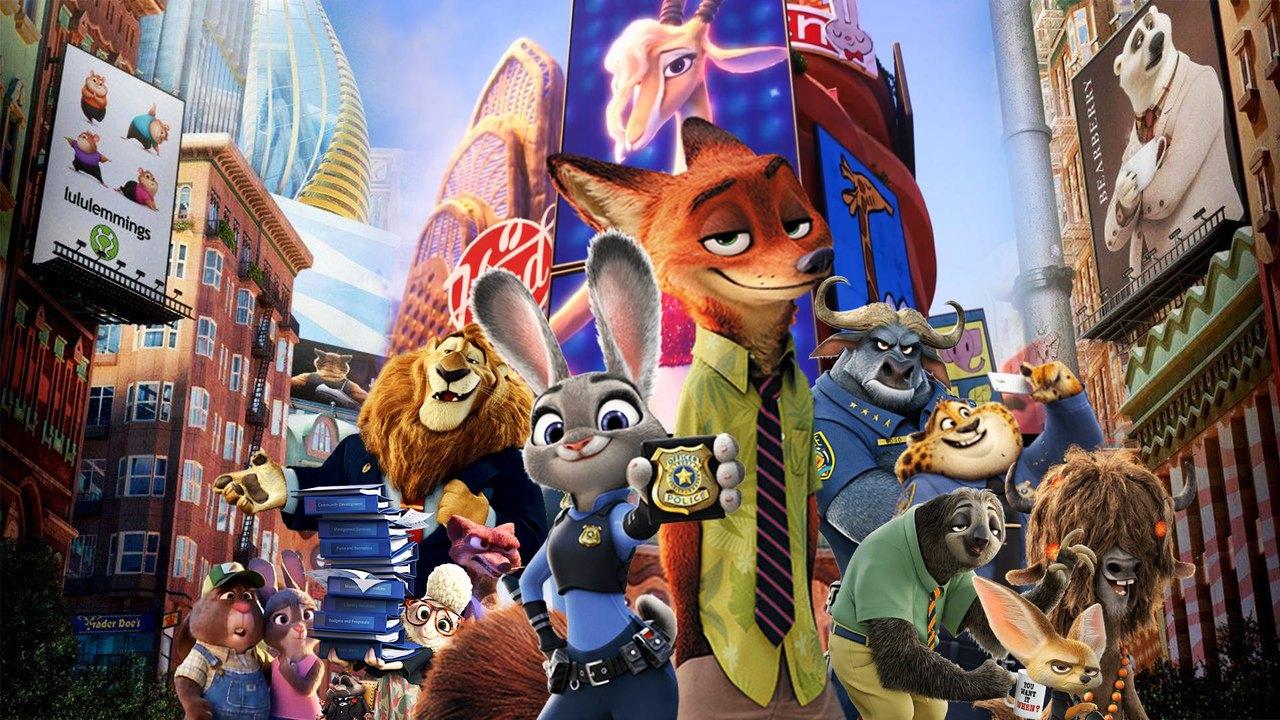 Judy, Nick and a large animal ensemble fill a colorful street lined with tall buildings and illustrated billboards.