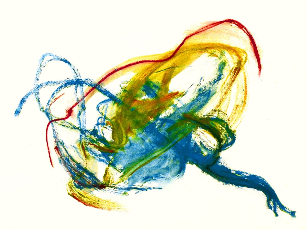 A minimal, calligraphic abstract painting on a white background. Sweeping blue-green strokes and soft yellow washes form a loose central cluster, with a thin red line cutting through like an accent. The paint is applied in quick, confident gestures, leaving visible bristle marks and semi-transparent overlaps. The composition is centered and surrounded by generous negative space, creating a clean, modern look. Lighting is flat and neutral, emphasizing color and texture. The mood feels light, spontaneous, and optimistic, like a sketch of motion captured in paint.