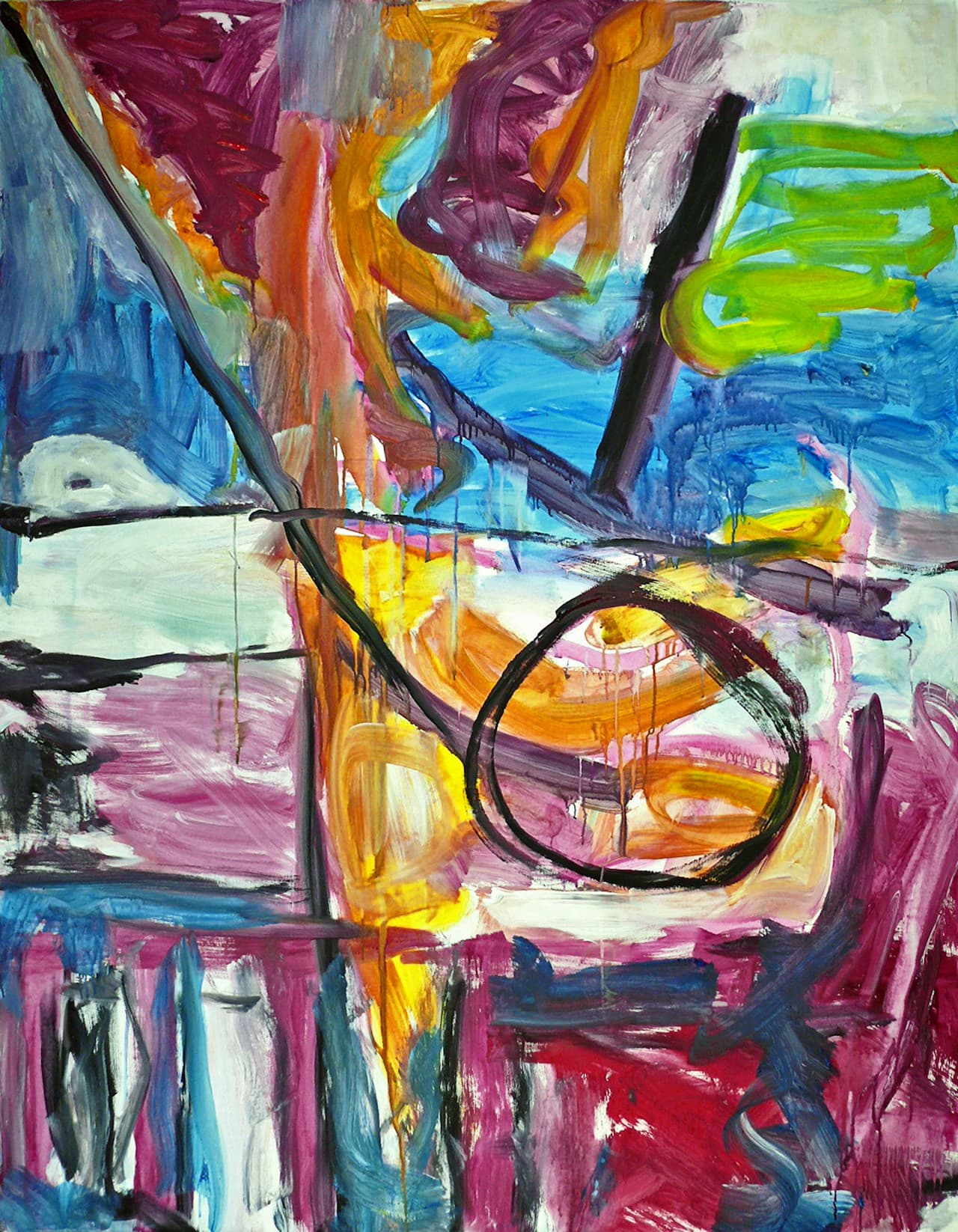 A vertical abstract painting dominated by saturated magenta and purple areas, punctuated by turquoise, blue, and green strokes. Black lines and drips run through the composition, and a circular ring-like mark near the center adds a graphic focal point. The surface appears layered, with smeared paint, overlaps, and rough brush edges giving it a raw, expressive quality. The framing is full and immersive, with minimal empty space. Lighting is soft and even, enhancing saturation and texture. The mood feels bold, urban, and slightly rebellious.