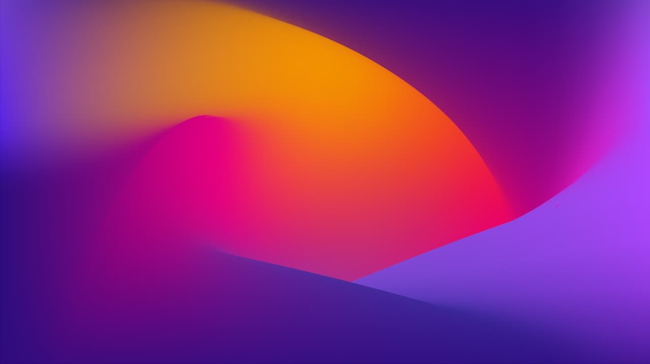 Soft-focus abstract image composed of large, blurred color fields. A violet and purple background wraps around a warm orange-to-pink shape that feels like a glowing light source behind haze. Subtle gradients and gentle vignetting create depth without any defined outlines. The composition is minimal and centered, designed as a calm modern background. Light appears diffused, with a smooth airbrushed quality and no visible texture. Mood is serene, dreamy, and contemporary.