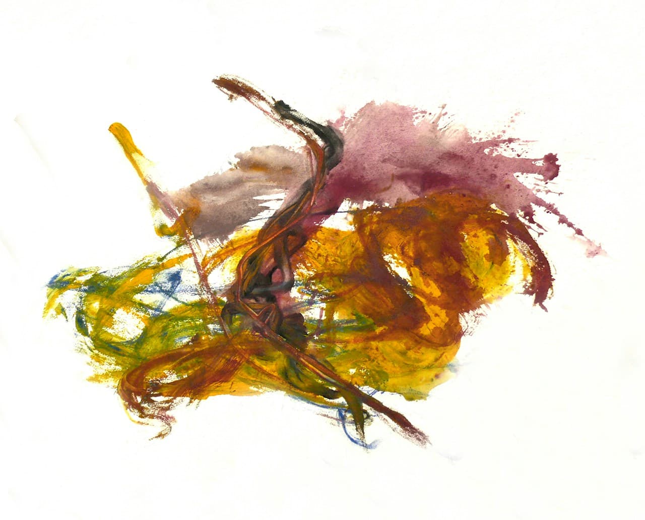 A small-scale abstract painting set against a clean white background, featuring warm ochre and brown shapes with a teal stroke and a small purple accent. A dark, vertical mark anchors the center while lighter smears and scratches suggest fast, improvised brushwork. The composition is compact and centered, leaving plenty of white negative space that makes the colors feel intentional and graphic. Lighting is even and soft, keeping the surface readable. The overall mood is playful and raw, like an expressive note or fragment of a larger work.