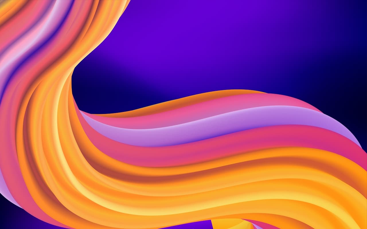 Abstract digital wallpaper with a flowing ribbon sweeping in from the left and curling across the lower half of the frame. The ribbon transitions from golden yellow and orange into coral pink and lavender, set against a rich purple background that fades darker toward the edges. The design uses smooth gradients and soft shadows to create layered, almost paper-like depth. Large areas of negative space keep it clean and modern, while the curves add movement. Lighting is even and luminous. Mood is warm, playful, and sleek.