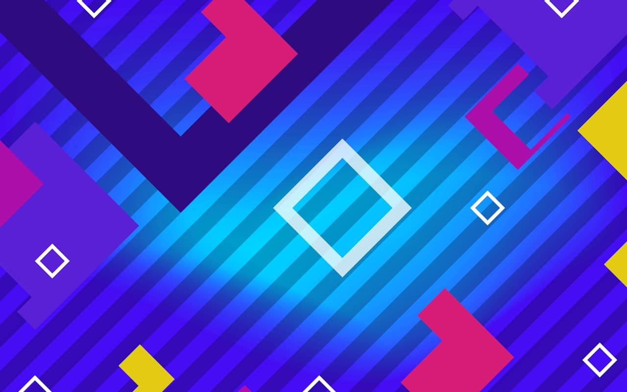 Dynamic abstract wallpaper made of diagonal bands and geometric blocks. Blue and cyan stripes sweep across the frame, intersected by purple shapes and thin white outlines of squares and rectangles. Bright accents of yellow and magenta add contrast, while the overall layout feels like layered vector graphics with crisp edges. The composition is strongly diagonal, creating motion and depth through overlapping planes. Lighting is flat and clean, consistent with digital illustration. Mood is energetic and contemporary.