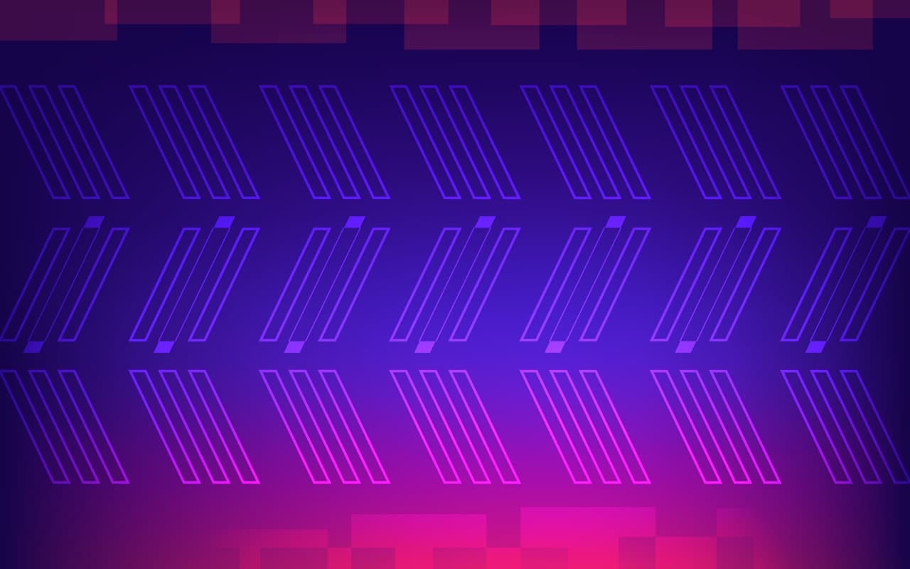 A geometric digital pattern on a purple-to-indigo gradient background, filled with repeating diagonal bar outlines arranged in rows. A soft magenta glow rises from the lower center, while darker vignetting around the edges adds depth. Blocky, pixel-like rectangles appear near the top and bottom, reinforcing a modern, digital aesthetic. The composition is structured and rhythmic, like a wallpaper for a tech interface. Lighting is implied through smooth gradients and subtle highlights. The mood feels futuristic and sleek, blending calm dark tones with vibrant neon accents.