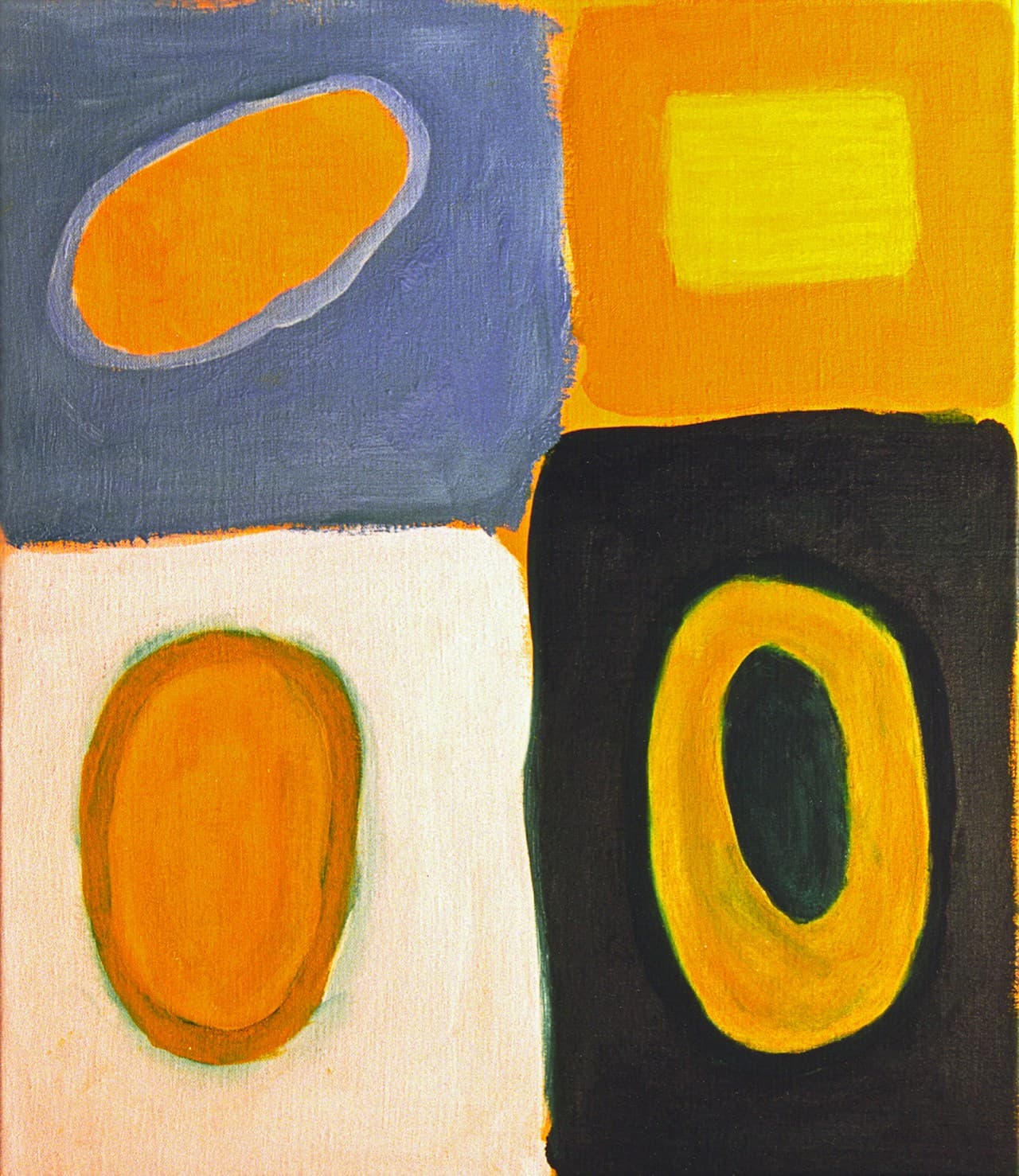 A geometric abstract artwork divided into four main blocks, combining muted gray-blue, bright yellow, warm beige, and deep black. Simple circular and ring-like shapes sit within the quadrants, creating a clean, modernist balance. Edges are mostly crisp, suggesting careful placement rather than spontaneous gesture, and the overall composition feels symmetrical and design-forward. Lighting is even and studio-like, emphasizing flat color fields and subtle texture. The mood is orderly and contemporary, with a playful contrast between bold shapes and restrained, graphic structure.