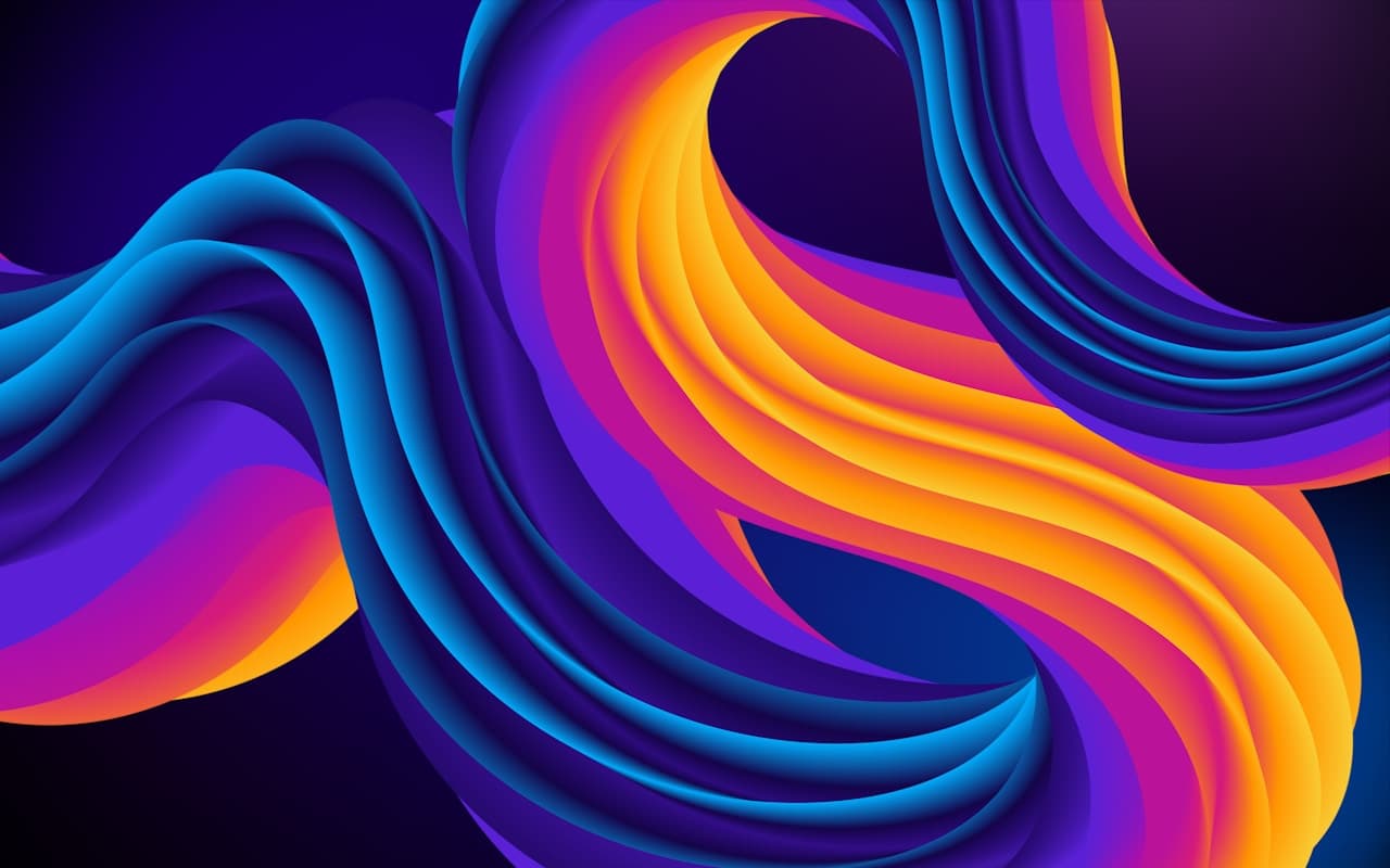 Glossy abstract 3D illustration of intertwined ribbon forms twisting across a deep purple background. The ribbons show strong gradients—teal and cyan on one side, shifting through magenta to bright orange and yellow on the other—creating a vivid sense of depth and motion. Highlights and shadows make the surfaces look smooth and slightly reflective, like satin or molded plastic. The composition is dynamic, with curves looping near the center and stretching toward the edges. No real-world objects are present. Mood is vibrant, futuristic, and energetic.