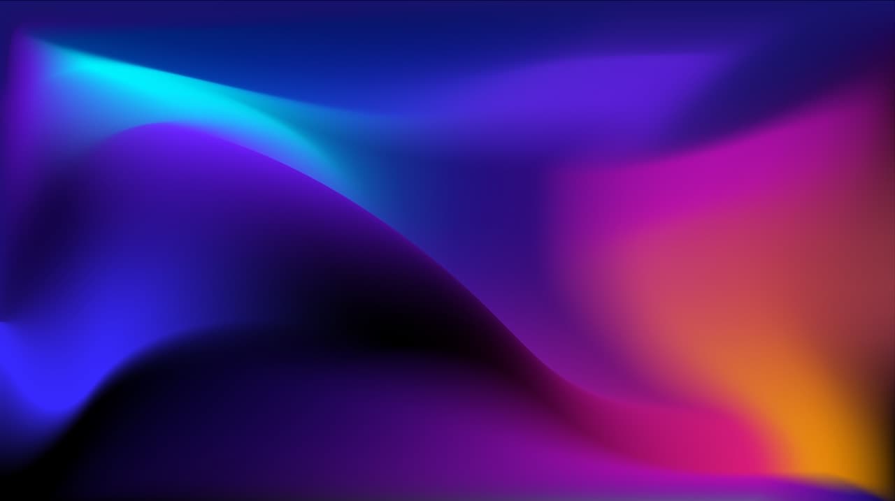 Smooth abstract gradient wallpaper with a dark wave-like form sweeping across the center. Deep indigo and purple dominate the background, while a bright cyan highlight traces the crest on the left. On the right, magenta fades into a warm orange glow, adding a subtle sense of heat and depth. The edges are soft and blurred, like light passing through translucent fog. Composition is horizontal and balanced, with flowing curves and no hard edges. Mood is atmospheric, cinematic, and slightly futuristic.