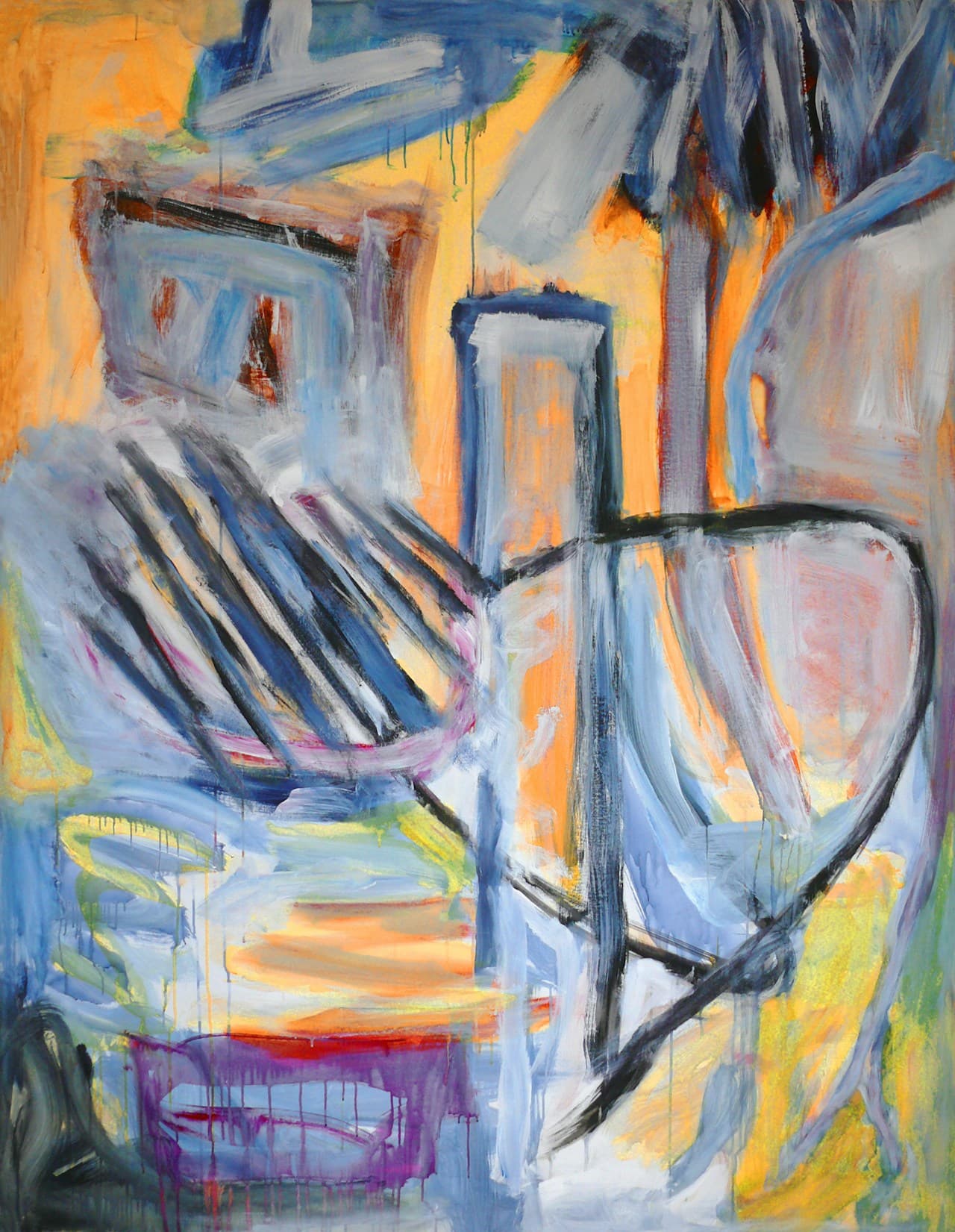 A semi-abstract still-life style painting with loose outlines that suggest furniture and objects, rendered in blues, oranges, and warm neutrals. Black contour lines and drips give the scene a sketchy, spontaneous feel, while blocks of color imply surfaces like a chair, a tabletop, and patterned items. The composition is vertical and fills most of the frame, balancing cool and warm tones. Lighting is flat and studio-like, focusing attention on brush texture and line work. The mood feels casual and creative, like a quick studio sketch translated into bold, painterly shapes.