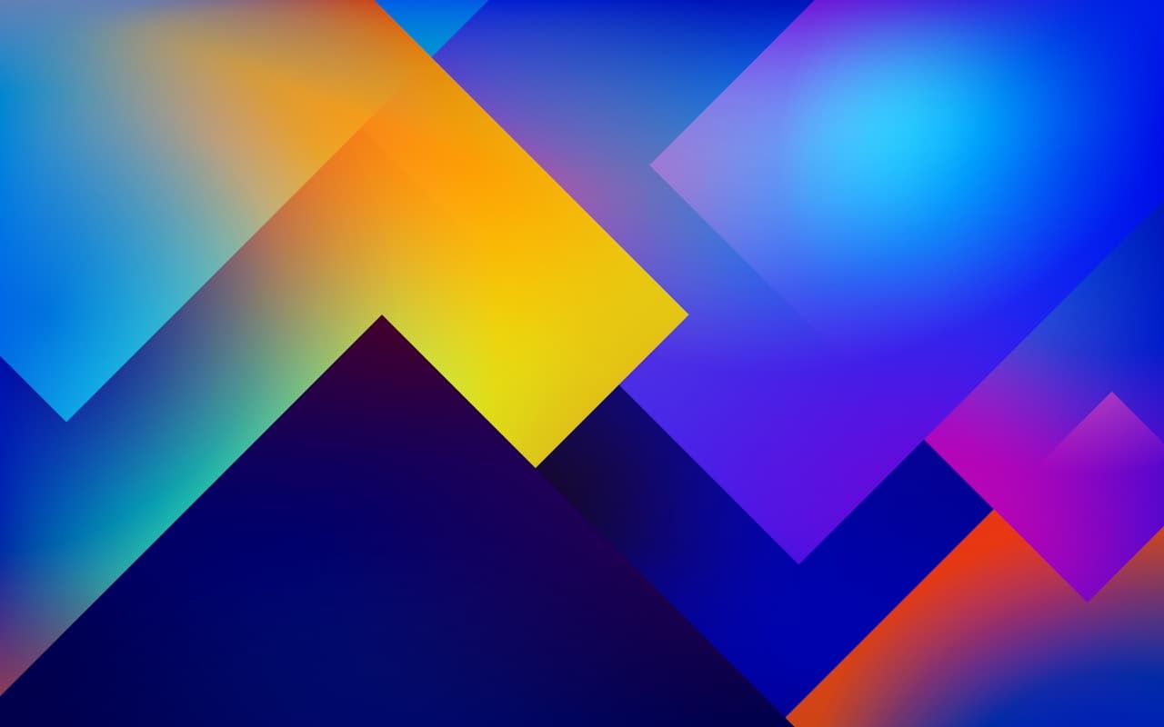 Vivid abstract digital wallpaper built from overlapping geometric planes and rounded diamond shapes. Smooth gradients shift from deep blue and purple to bright cyan, yellow, and orange, giving the forms a softly lit, glassy look. The composition is centered and layered, creating a sense of depth and motion without any real-world subject. Lighting is even and luminous, with a subtle glow and clean edges. Mood is energetic, modern, and playful.