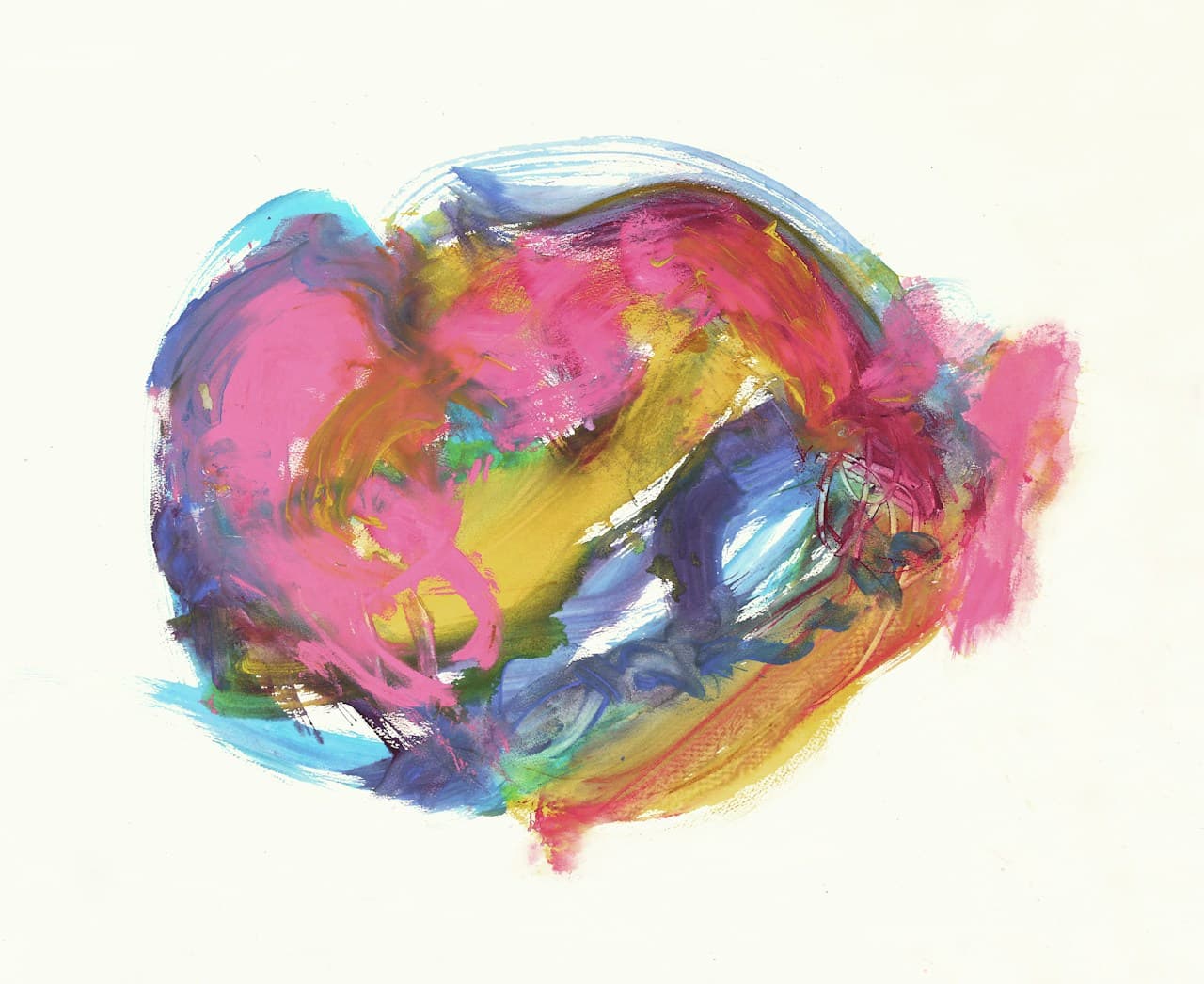 A minimal abstract painting on a white background featuring a single, heart-like oval form made of layered pink, yellow, blue, and green brushstrokes. The edges are soft and blended, with visible texture and streaks that show the direction of the brush. The composition is centered with abundant negative space, giving it a clean, contemporary look. Lighting is even and neutral, keeping the pastel-like colors fresh and airy. The mood is gentle and upbeat, like a colorful emblem floating quietly in a blank space.