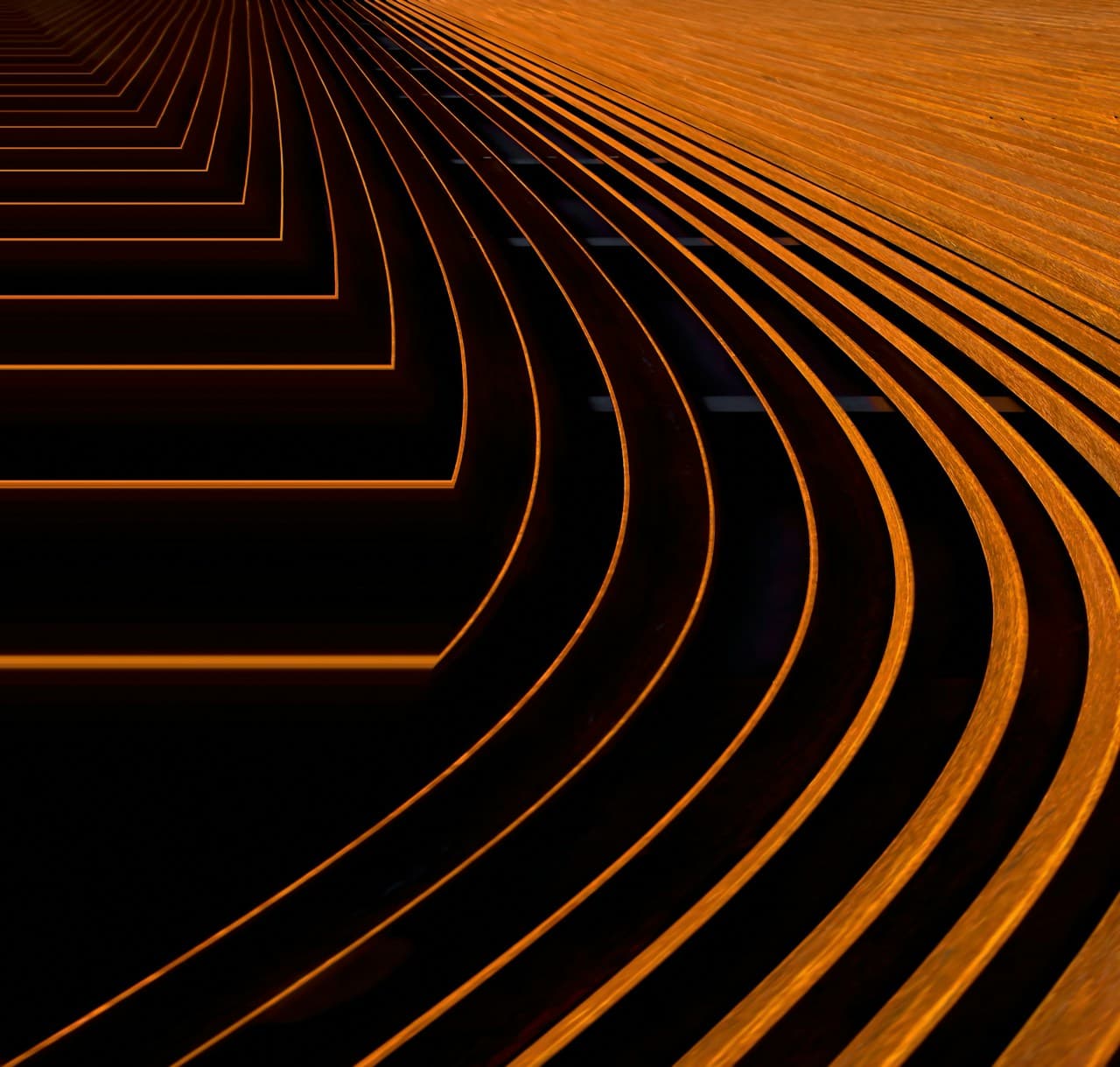 High-contrast abstract artwork of glowing orange lines on a black background. The lines form nested right angles on the left and smooth sweeping curves on the right, like contour paths or a stylized circuit map. Subtle gradients in the strokes suggest illumination, with darker copper tones at the edges and brighter highlights along the centers. The composition is dynamic and directional, pulling the eye from the corner into the flowing curves. The overall feel is digital and futuristic. Mood is intense, warm, and energetic.