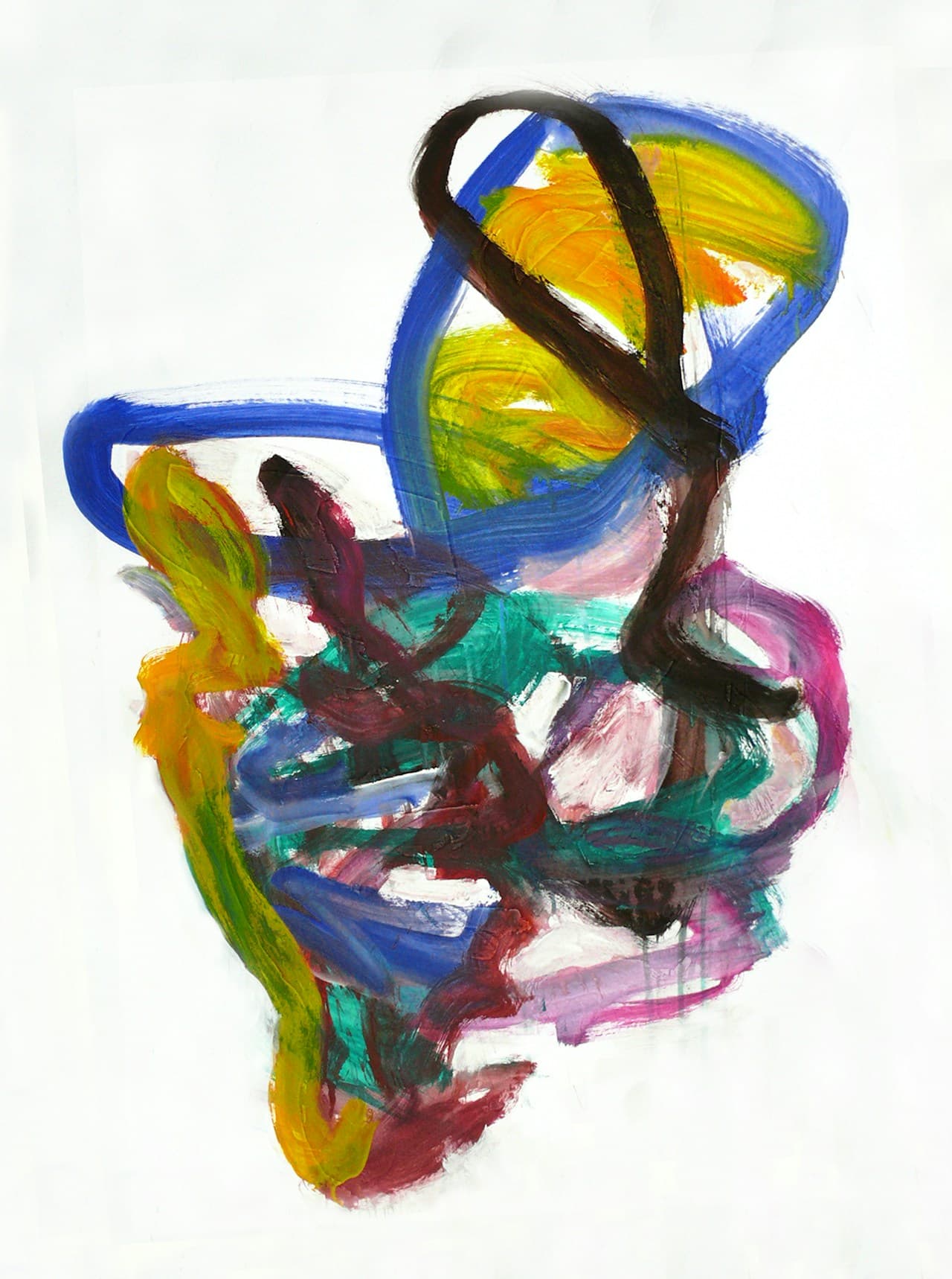 A gestural abstract artwork on a white ground, combining a bold black looping line with a soft blue outline shape. Patches of yellow, teal, and magenta cluster around the center, creating layered depth and a sense of motion. The brushwork is expressive, with semi-transparent smears, drips, and rough edges that highlight the paint's texture. The composition is centered and open, framed by generous negative space. Lighting is flat and consistent to showcase color and surface. The mood feels playful and energetic, as if capturing a moving figure without becoming literal.