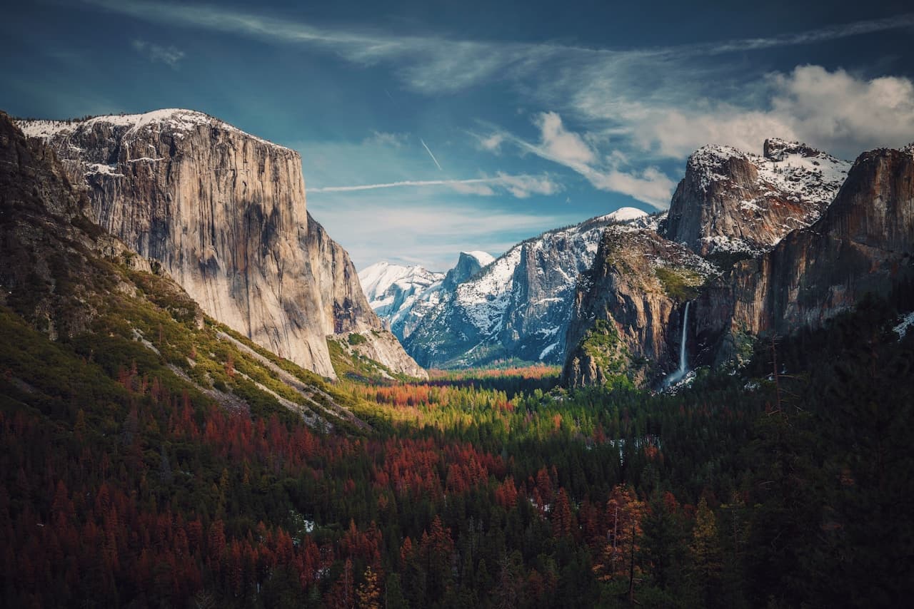 A classic wide landscape view of a granite valley with towering rock walls, a distant waterfall, and a dense forest in the foreground. The composition layers tall trees and meadow textures at the bottom, then guides the eye toward the cliffs and pale sky above. Light appears soft and angled, creating deep shadows in the valley while highlighting parts of the rock face. The overall color palette is earthy with cool grays and greens. The scene feels expansive and timeless, with a calm wilderness atmosphere and strong sense of scale.