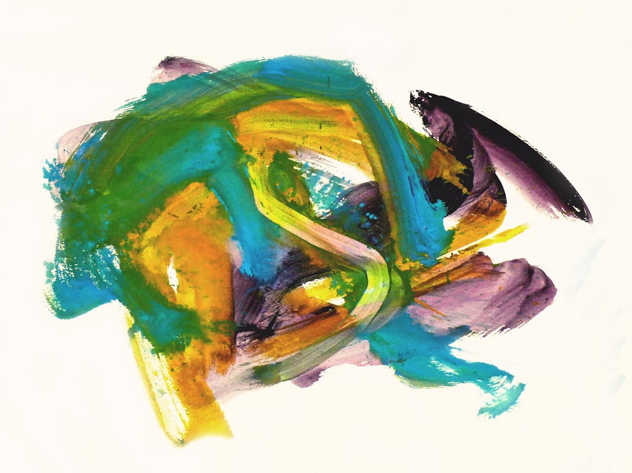A gestural abstract painting on a white field, dominated by broad teal and green strokes layered with mustard-yellow and hints of lavender. A few darker accents add weight on the right, while a pale ribbon-like stroke crosses the center, guiding the eye. The paint appears applied quickly, with visible bristle marks and semi-opaque overlaps. The composition is centered and horizontal, surrounded by generous negative space. Lighting is neutral and flat, letting the color relationships stand out. The mood feels fresh, spontaneous, and modern.