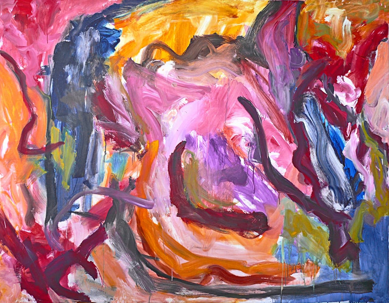 An expressive abstract artwork packed with layered brushstrokes in pinks, oranges, blues, and muted grays. Thick marks and smeared patches overlap, creating a sense of depth and movement across the whole frame. Dark linear strokes cut through the brighter colors, adding rhythm and contrast. The piece feels painterly and tactile, with visible texture and uneven edges that hint at quick, impulsive gestures. Lighting is neutral and consistent, emphasizing pigment and surface. The mood is energetic and expressive, balancing warmth with cool undertones.