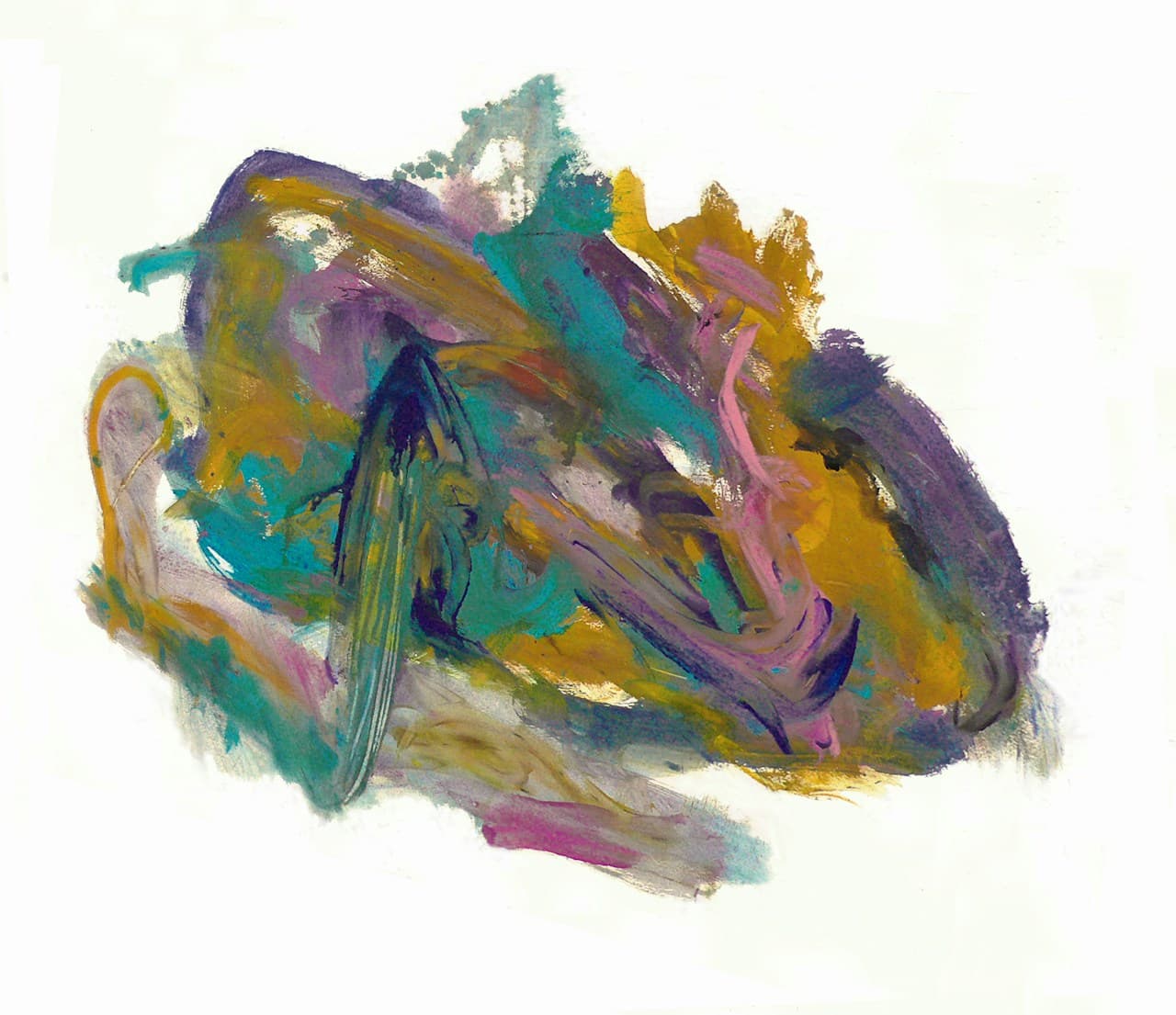 A minimalist abstract artwork on a white background featuring a single, rounded form that resembles a polished stone or floating blob. The central shape is built from layered strokes of teal, indigo, gold-brown, and hints of pink and violet, with visible texture and blended edges. The composition is centered with ample negative space, giving it a calm, modern presentation. Lighting is soft and even, highlighting subtle paint variations without harsh shadows. The mood feels contemplative and balanced, combining earthy warmth with cool, oceanic tones.