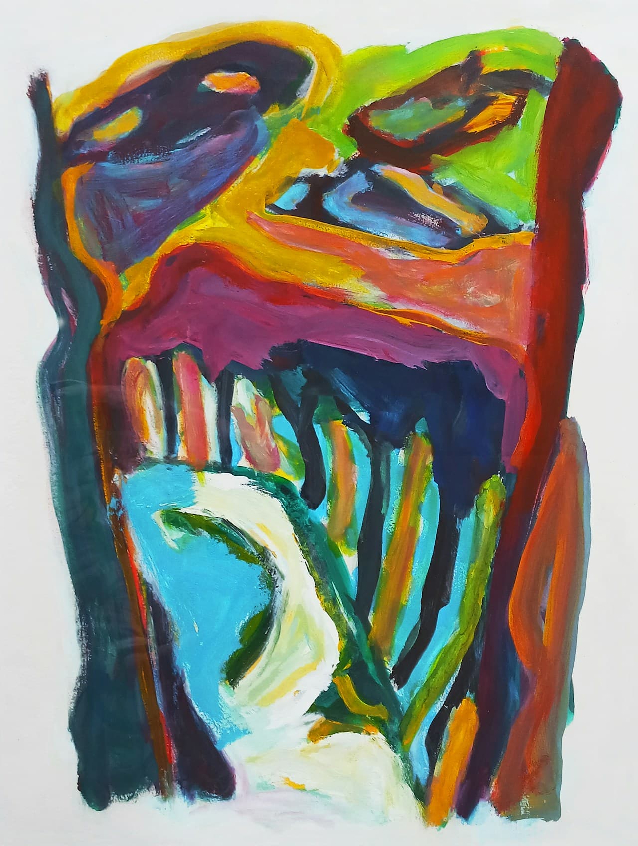 A bold abstract painting on a white ground that loosely resembles a stylized mask or face. Dark outlines frame the form, while saturated patches of turquoise, yellow, red, and pink build up the features in a playful, graphic way. The brushwork is energetic, with drips, scratches, and layered strokes suggesting fast, expressive execution. The composition is centered and vertically oriented, filling most of the frame while keeping a clean border of white. Lighting is even, emphasizing color and line work. The mood is quirky, expressive, and slightly mischievous.