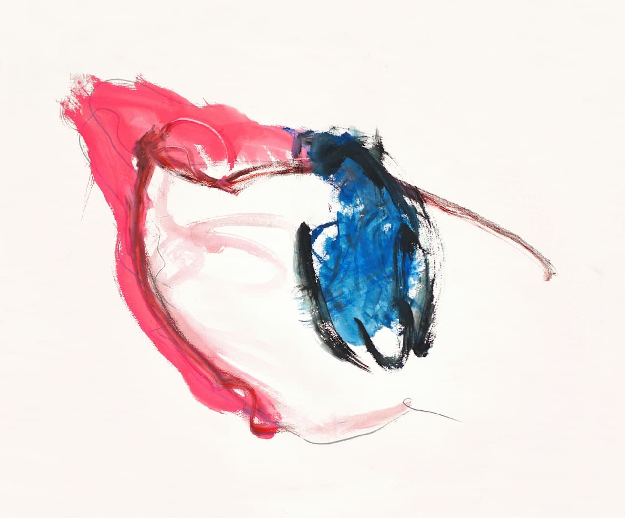 A minimalist abstract piece on a bright white background, centered around a soft pink ribbon-like curve and a small blue oval form. The paint is applied in smooth, gestural strokes with slightly feathered edges, leaving the surrounding space clean and uncluttered. The composition is simple and balanced, relying on negative space and a few confident marks rather than heavy texture. Lighting is flat and studio-like, making the colors appear crisp. The mood is calm, airy, and quiet—like a gentle visual note or a modern logo rendered with painterly softness.