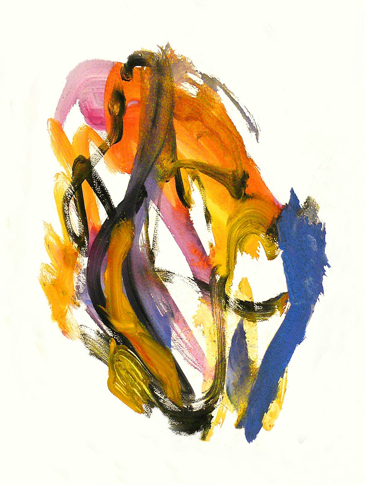 A gestural abstract painting on a white background, mixing deep navy strokes with bright orange and yellow passages. A curved black line arcs through the center, while softer lavender and beige areas add depth and contrast. The paint is applied in sweeping motions with visible brush texture and occasional translucent layers, creating a sense of movement. The composition sits centrally with generous negative space, giving it a modern, minimal presentation. Lighting is even and studio-like, keeping colors clear. The mood is energetic yet balanced, like a rhythmic collision of warm and cool tones.