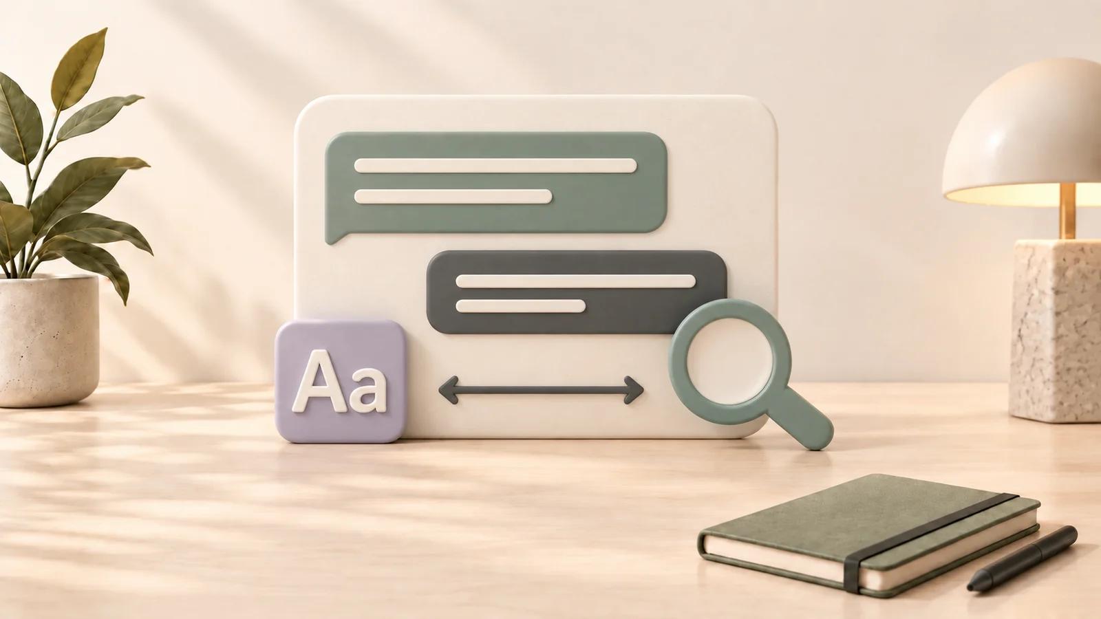 Warm 3D illustration of a spacious chat panel with typography, contrast, and reading-width controls in cream, teal, and lavender.