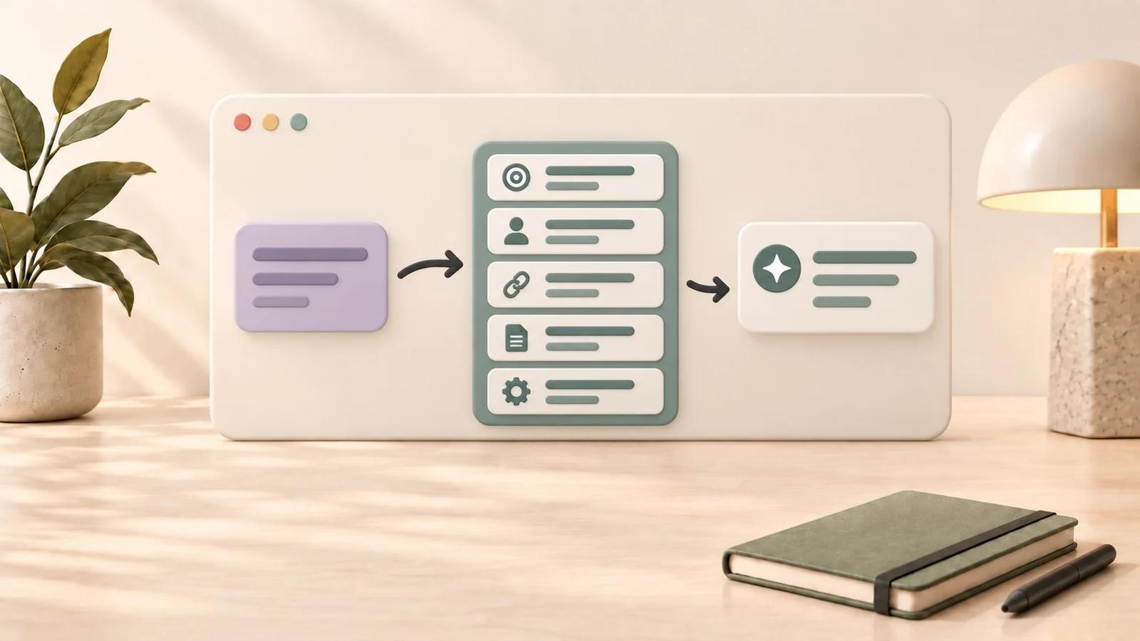 Ceramic browser panel showing a vague prompt becoming a five-part structured prompt and a clear answer on the shared cream desk with plant, lamp, sage notebook, and pen.