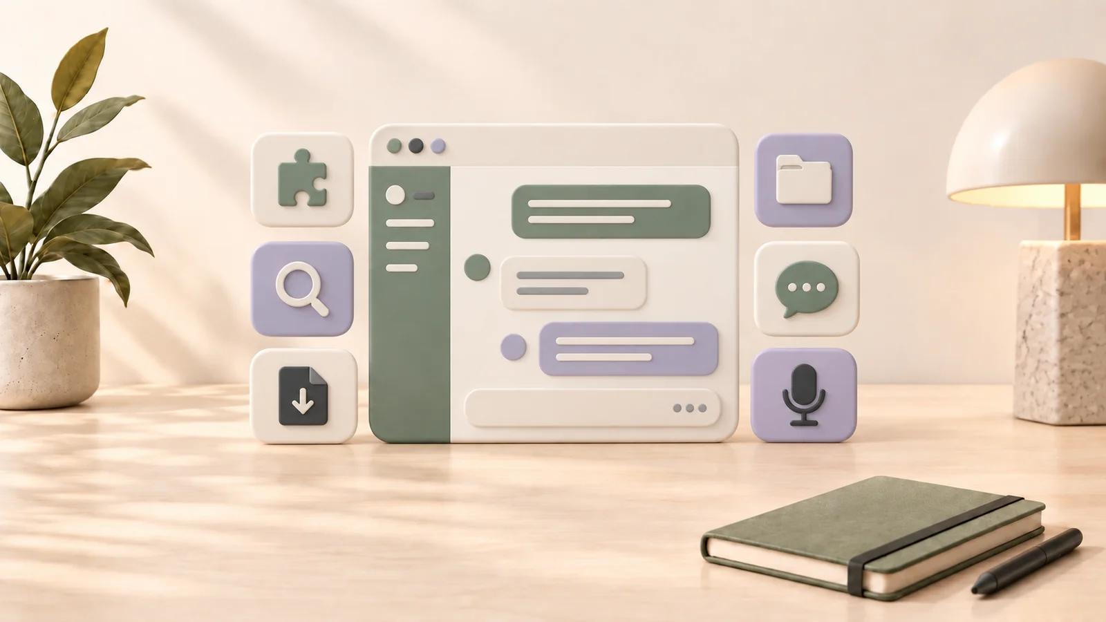Warm 3D illustration of a chat workspace surrounded by puzzle, folder, search, prompt, export, and voice tiles on a shared cream desktop.