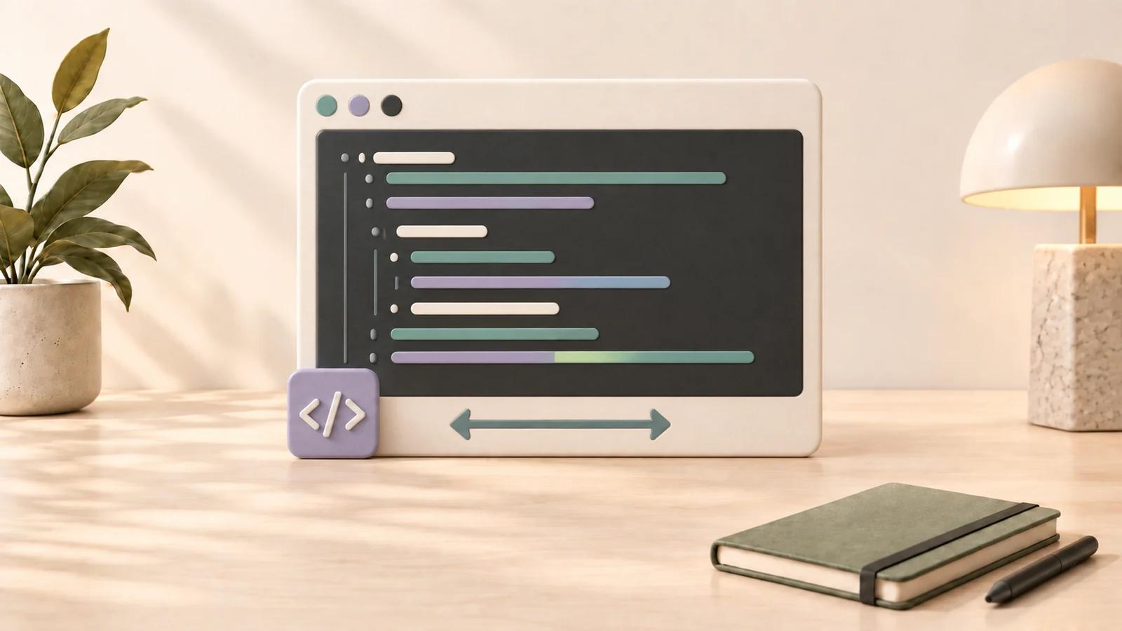Matte ceramic code panel with indented syntax bars and a width arrow on the shared cream desktop with plant, lamp, sage notebook, and pen.