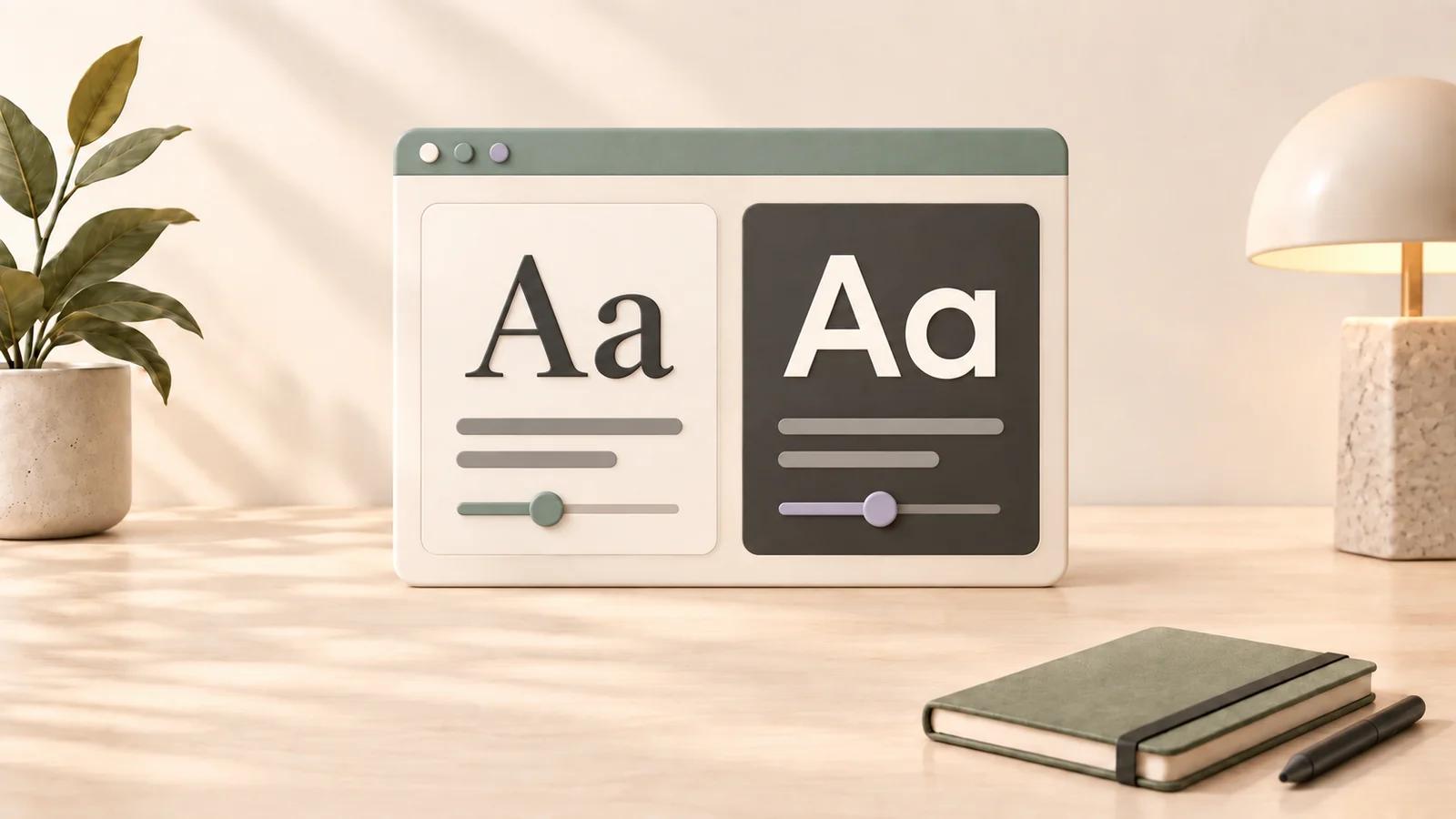 Warm 3D illustration of light and dark reading panels with contrasting serif and sans-serif letterforms and size sliders on a shared cream desktop.