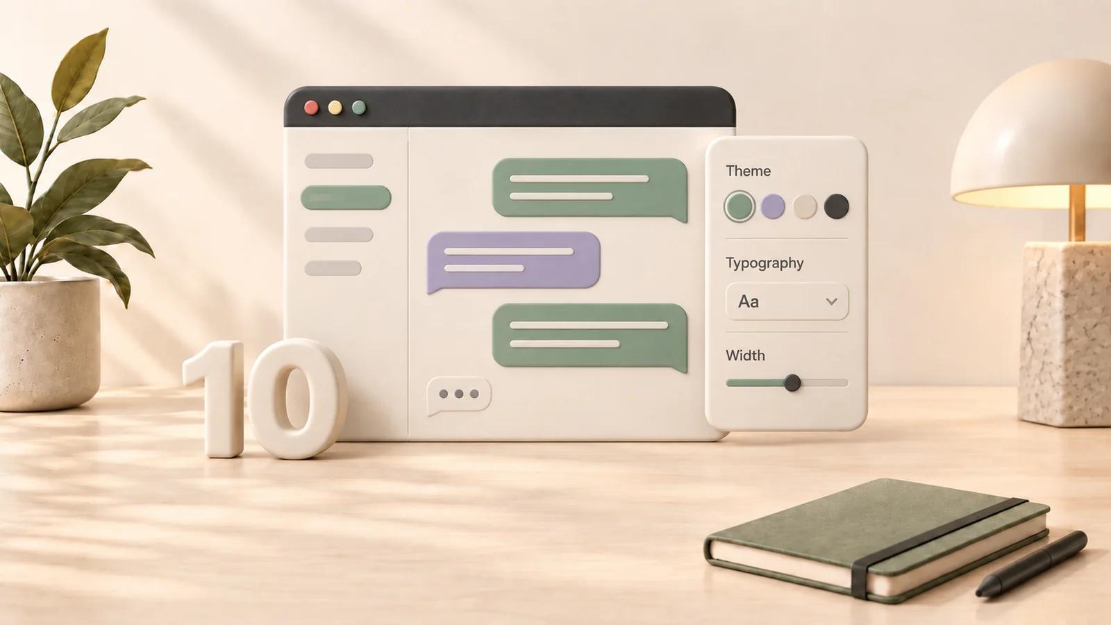 Warm 3D illustration of a chat workspace with theme colors, typography and width controls, and the number ten on a shared cream desktop.