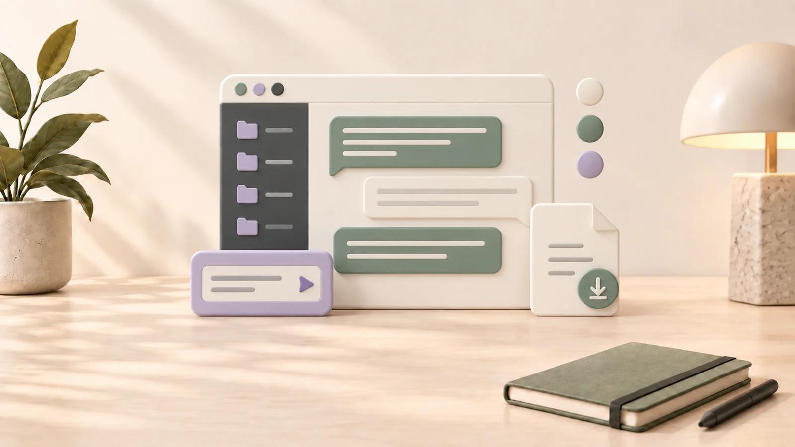 Warm 3D illustration of a chat workspace with folders, a reusable prompt card, color swatches, and a document download on a shared cream desktop.