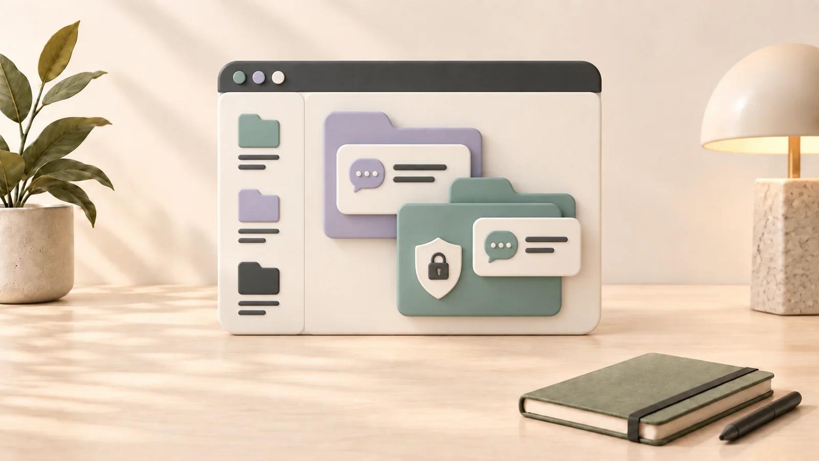 Matte ceramic browser panel with sage and lavender folders holding conversation cards and a privacy shield on a warm cream desktop.