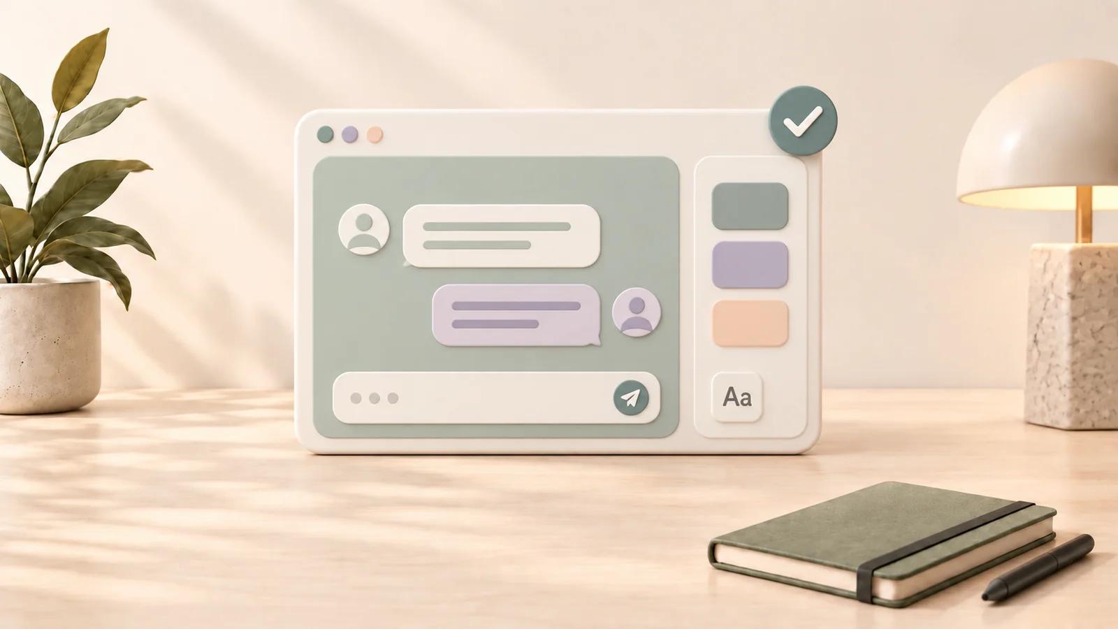 Warm 3D illustration of a chat browser with sage, lavender and peach theme choices, an Aa control, and a setup checkmark on a shared cream desktop.