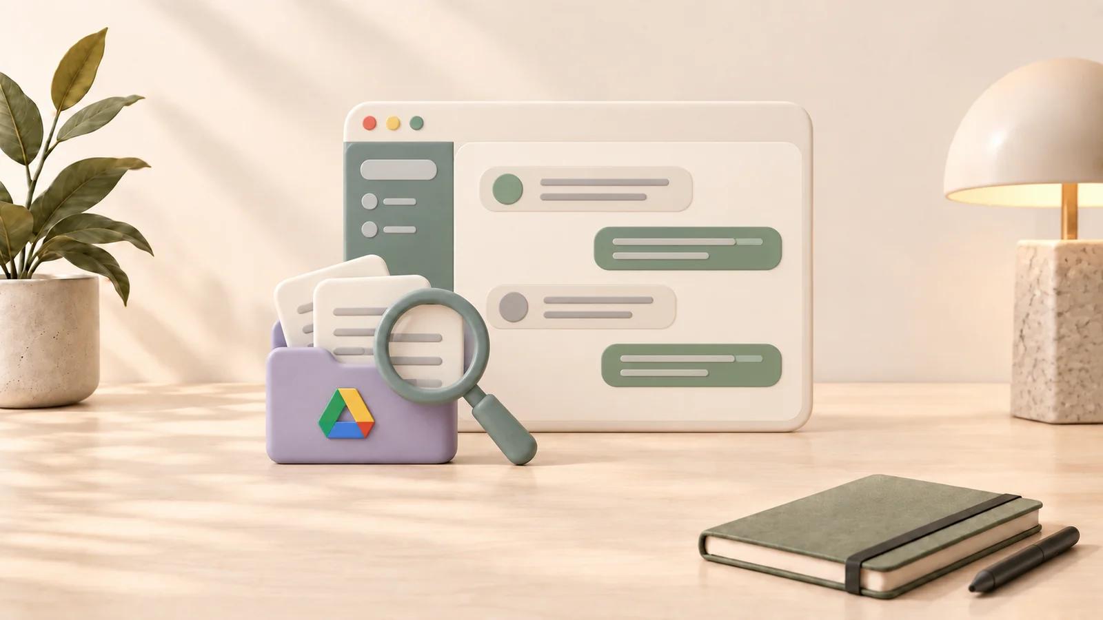 Warm 3D illustration of a Google Drive folder, document cards, and a magnifying glass beside a ChatGPT conversation.