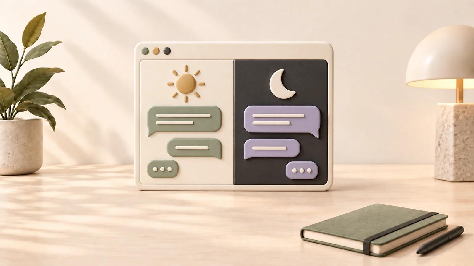 Tactile illustration of matching light and dark chat panels with sun and moon symbols on a warm desktop.