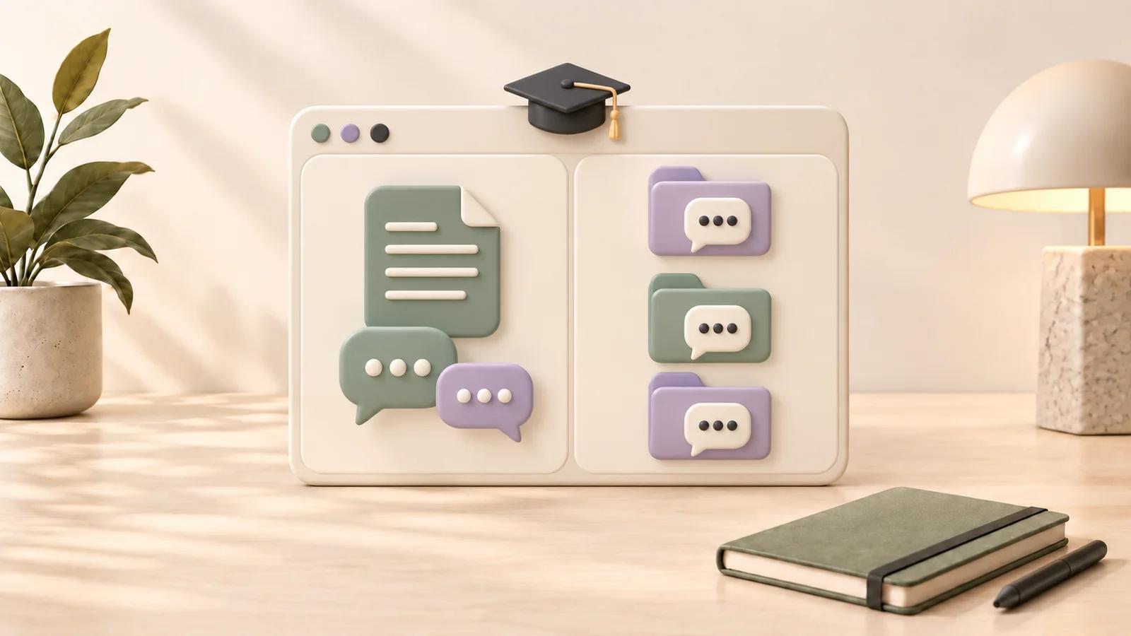 Ceramic browser panel showing course material beside folders of class conversations, with a graduation cap above it on a cream desk.