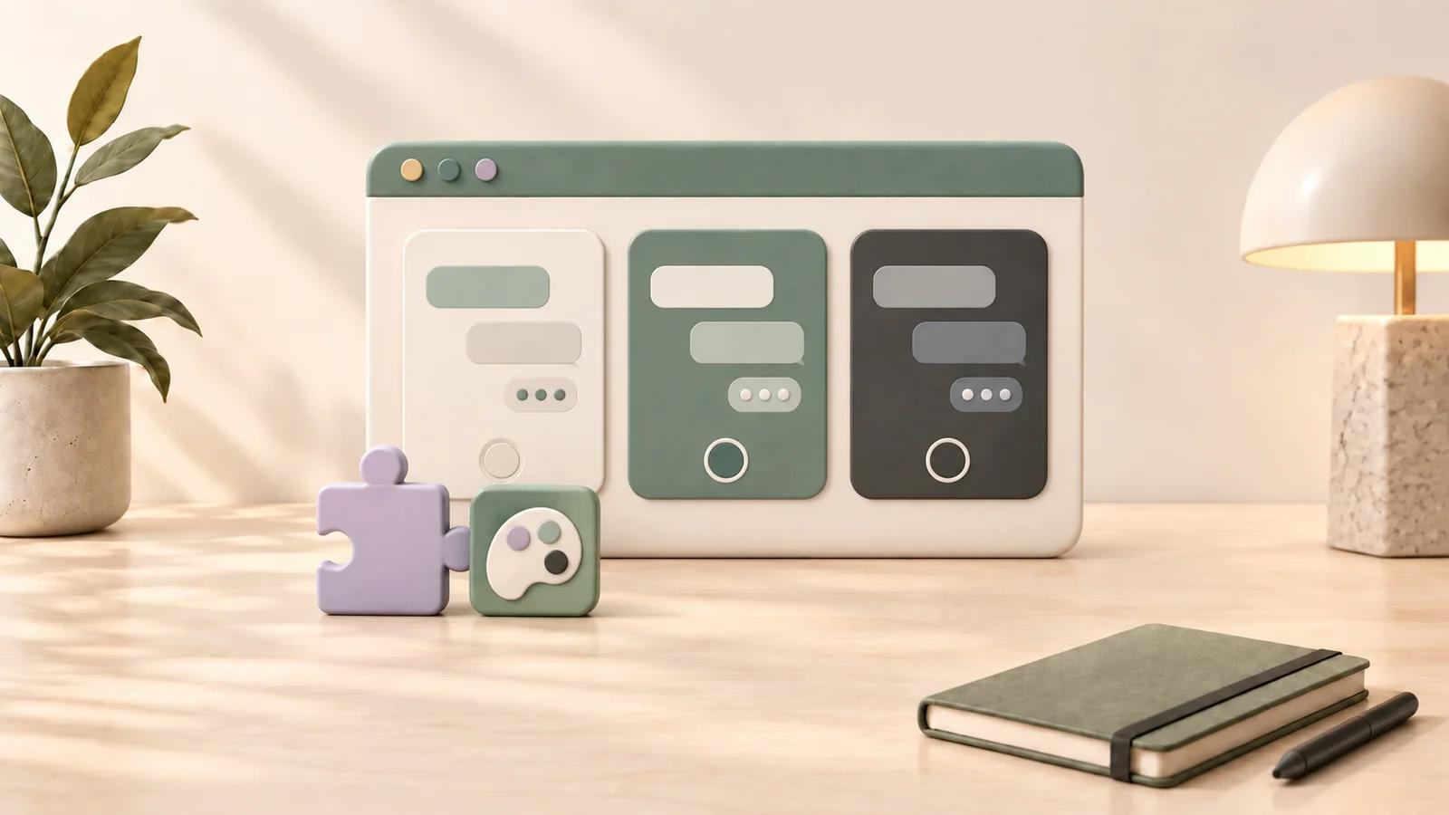Matte ceramic browser with ivory, sage, and charcoal chat theme previews, a puzzle piece, and a palette on a cream desktop.