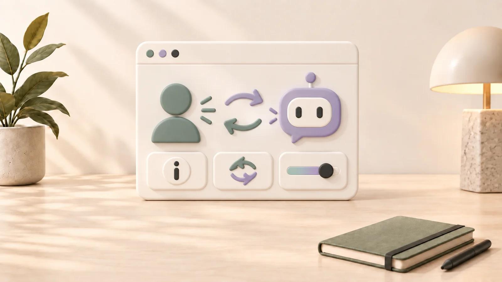 Matte ceramic browser panel linking a person and an AI chat symbol, with explanation, undo, and personalization controls on the shared cream desktop.