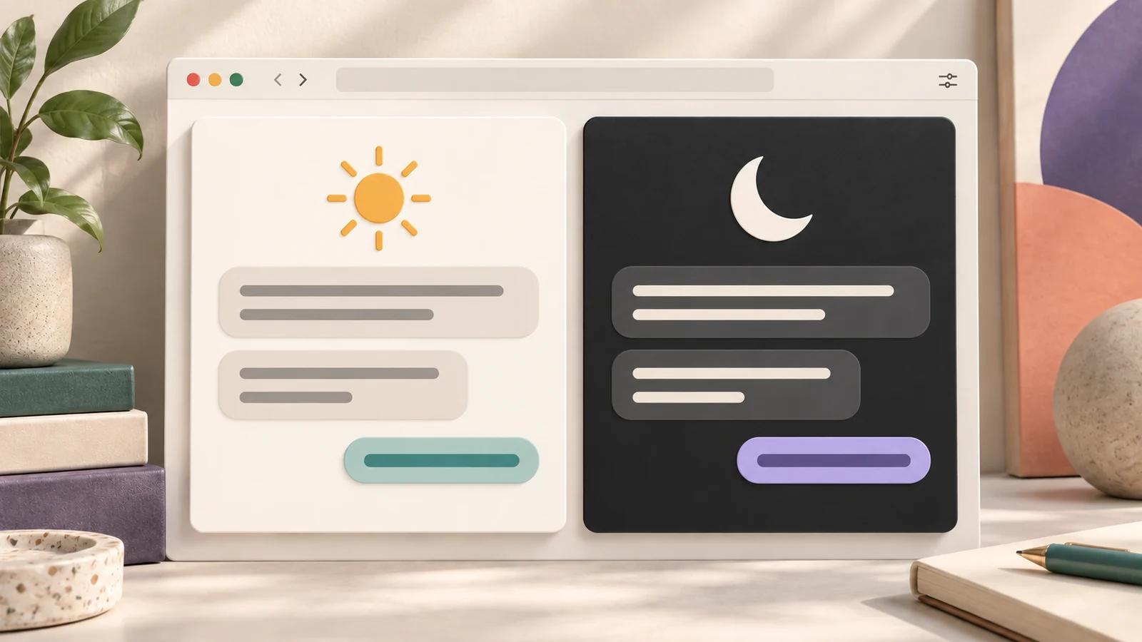 Tactile illustration of matching light and dark chat panels with sun and moon symbols on a warm desktop.