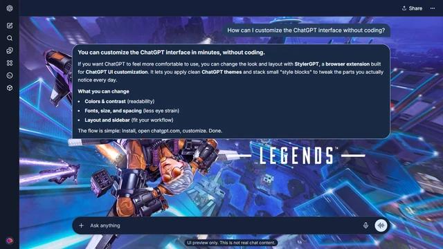 Apex Legends Dark ChatGPT Theme: Legends descend above a city of blue and violet geometric rooftops. A falling figure and luminous buildings carry the movement beyond the central Apex lettering.