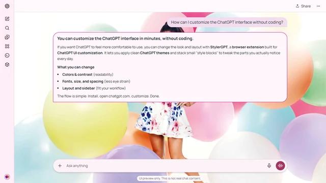 Ariana Grande Light ChatGPT Theme: Ariana Grande stands in a floral dress among oversized pastel balloons. Their overlapping circles cover the sides with pale pink, yellow and blue. Source: WallpaperCat (uploader karl40). Original artist not identified.