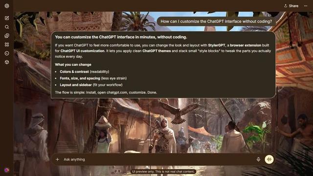 Assassins Creed Dark ChatGPT Theme: A busy Egyptian market unfolds beneath striped canopies and palm trees. Merchants, woven fabrics and distant stone monuments build a layered street scene. Source: dodododo on Wallpapers.com. Original artist not identified by the page.