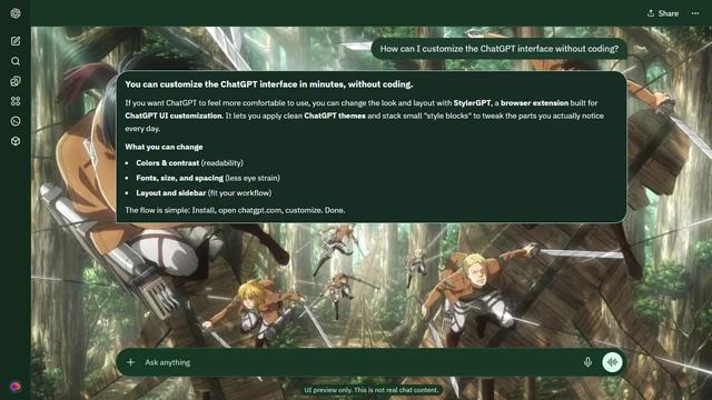 Attack on Titan Dark ChatGPT Theme: Survey Corps members fly between immense trees using cables, with green light filtering through the forest.