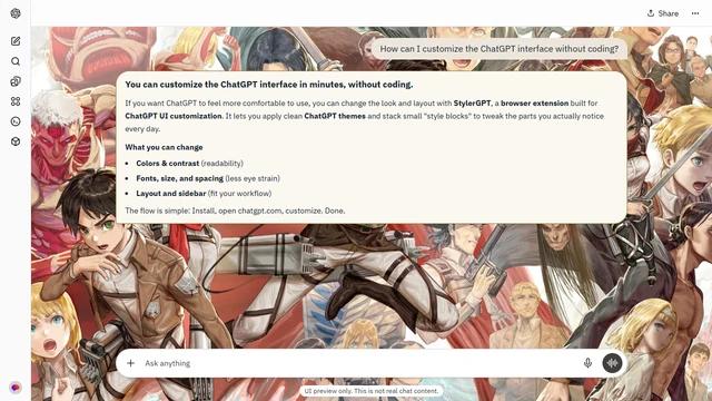 Attack on Titan Light ChatGPT Theme: An extensive character collage combines cream backgrounds, red Titan forms and layered costumes.