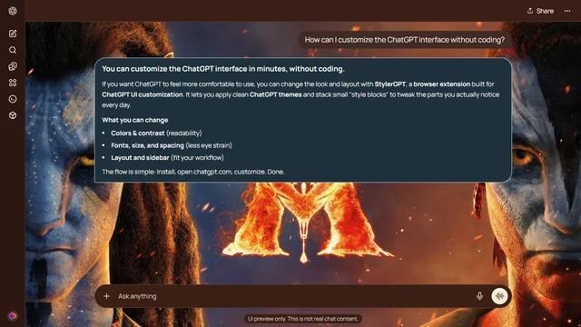 Avatar Dark ChatGPT Theme: Large blue Na’vi faces occupy opposite edges of the frame around a glowing fire-colored emblem.