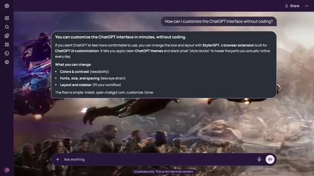 Avengers Dark ChatGPT Theme: Flying Avengers race over a dense battlefield army beneath pale smoke and purple-grey clouds.
