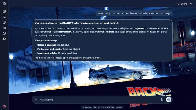 Back to the Future Dark ChatGPT Theme: The DeLorean speeds past Hill Valley storefronts under a lightning strike. Illuminated shop signs and windows retain the street on both sides of the chat.
