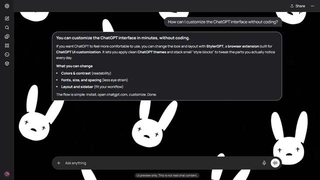 Bad Bunny Dark ChatGPT Theme: White bunny faces form a repeating pattern across a black background.