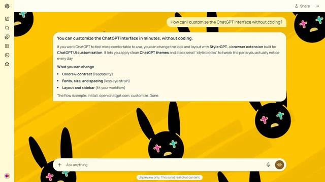 Bad Bunny Light ChatGPT Theme: Black bunny faces repeat diagonally across a vivid yellow field.
