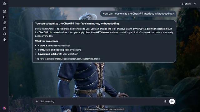 Baldur's Gate Dark ChatGPT Theme: Astarion stands in embroidered clothing among tall rock faces and shadowed foliage. Pale shafts of light, flowers and boulders remain around the conversation.
